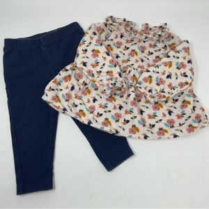 Baby 2pc White Floral Babydoll Ruffle LS Shirt Navy Blue Leggings Size 6-12m